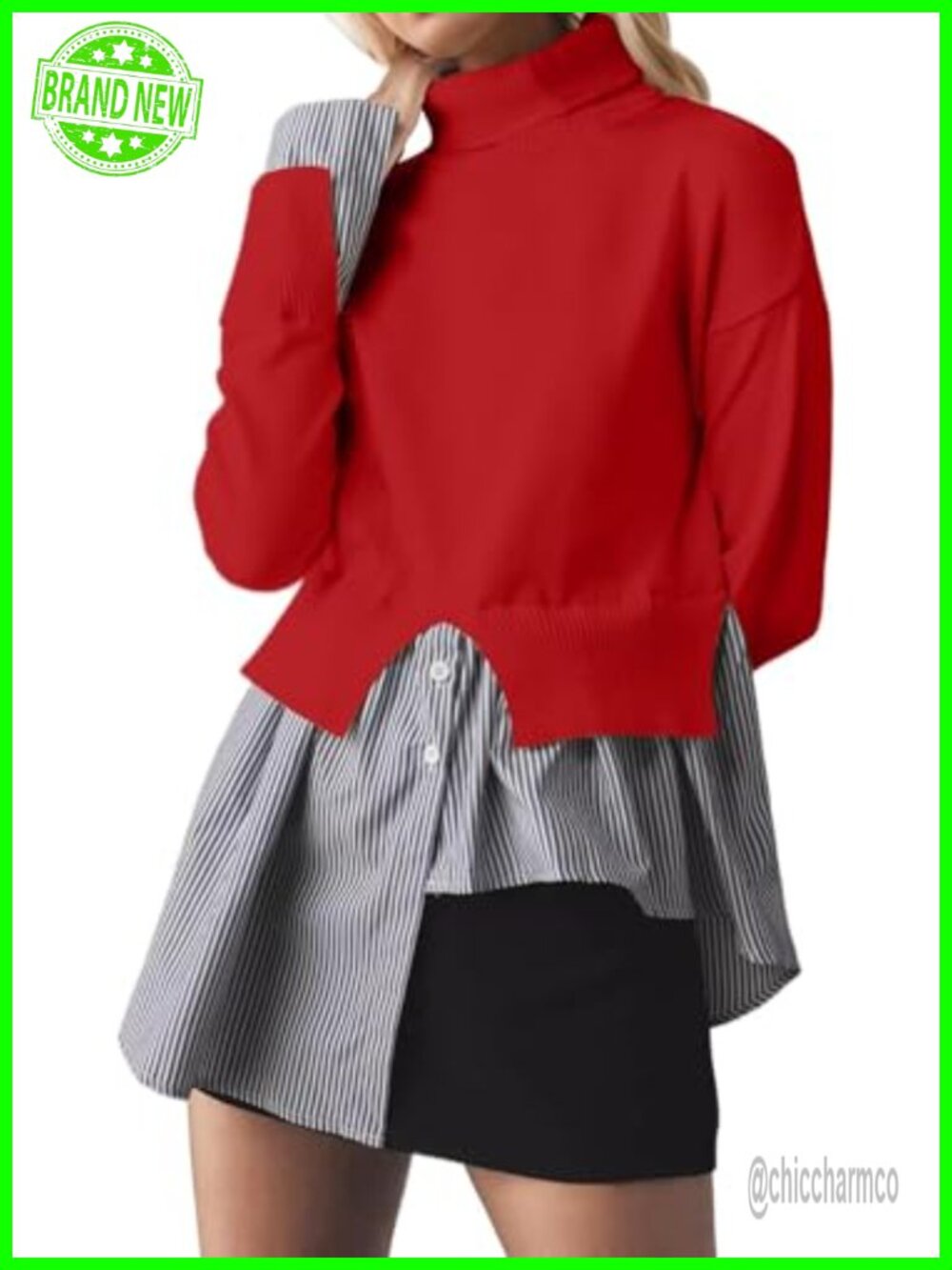 Women's Asymmetrical Turtleneck Knit Pullover Sweater 2-in-1 Patchwork Button